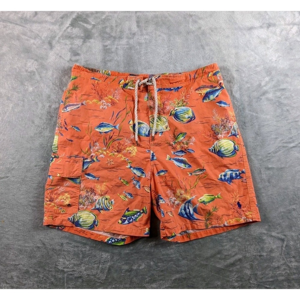 Polo Ralph Lauren Swim Trunks Mens XL Orange Tropical Ocean Fish Print Lined